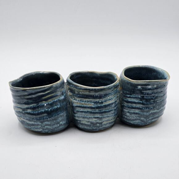 Handcrafted Vintage Studio Pottery Glazed Blue Swirl Ceramic Planter Trio - Picture 5 of 6